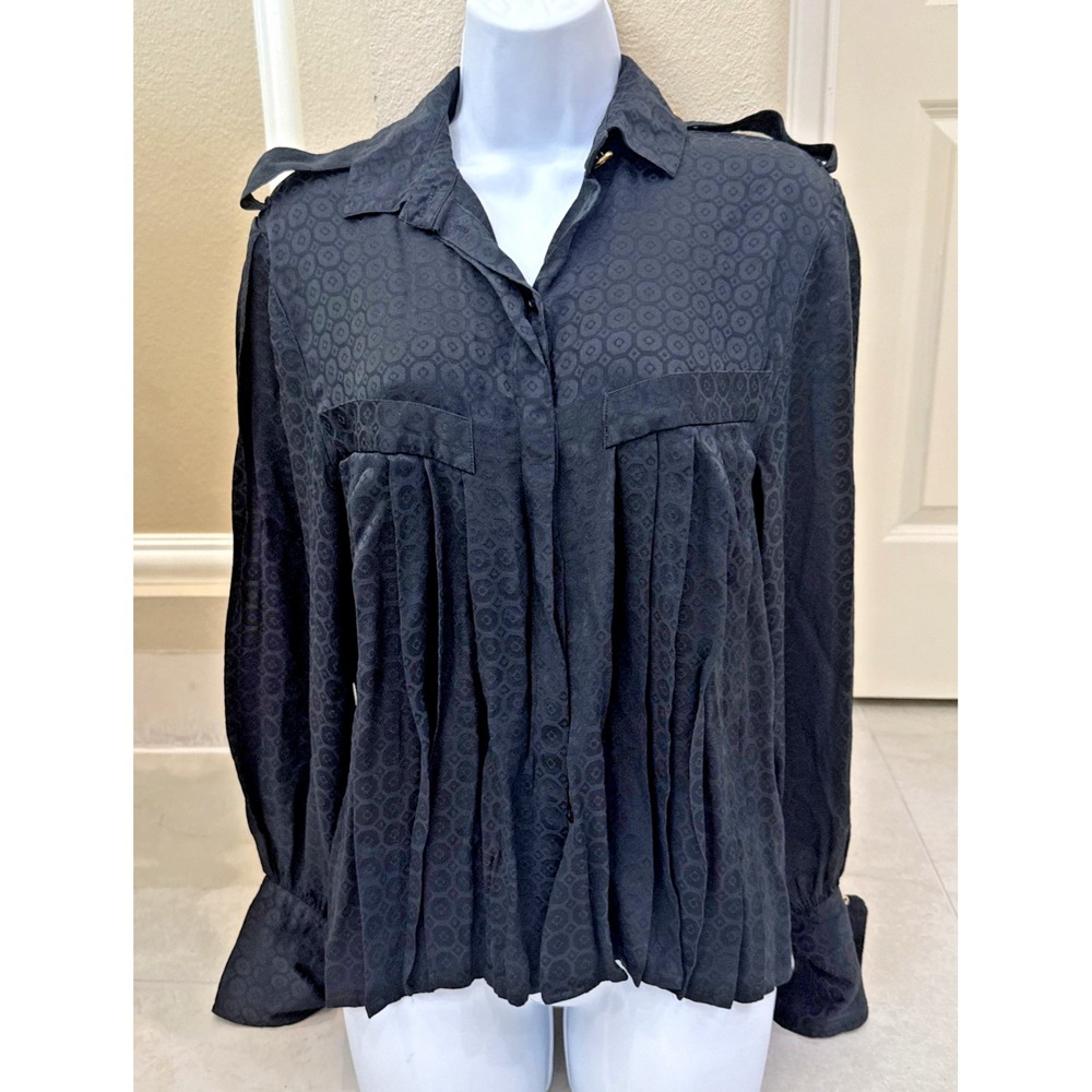 VTG Francesca Of Damon Silk Blouse Black Pleated Geometric Button Up Shirt Sz 8